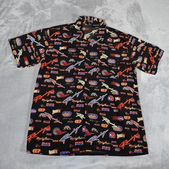 Vintage Track Racing All Over Print Button Shirt Mens Large Black 90s - Picture 1 of 9